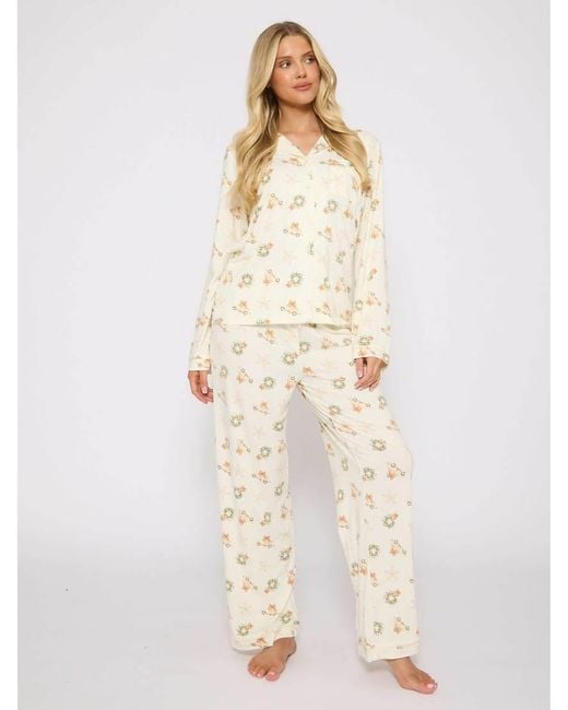 Loungeable White Neutral Christmas Button Shirt And Long Pant Pyjamas Set