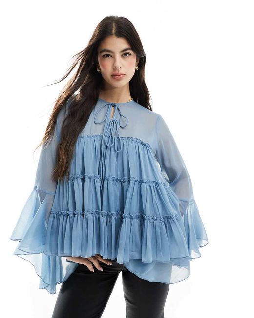 ASOS Blue Tie Front Tiered Blouse With Ruffle Cuffs