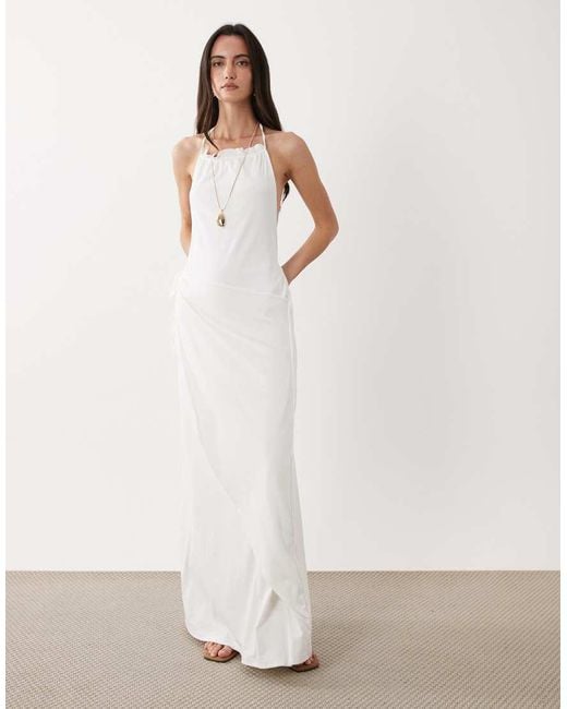 SNDY'S White Cotton Blend Halterneck Low Back Side Drape Detail Maxi Dress