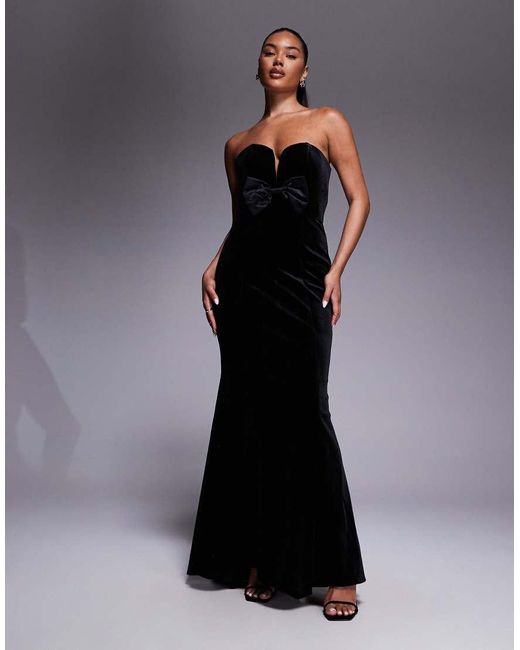 Jarlo Black Velvet Bandeau Maxi Dress With Bow Front