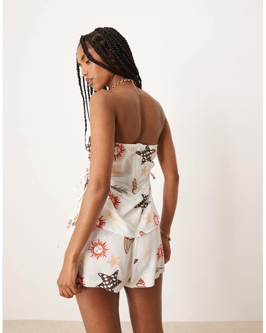 ASOS Bandeautop Van Linnenmix Met Gestrikte Zijkant En Vakantieprint, Deel Van Co-Ord Set in het Pink