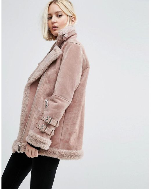 ASOS Pink Suede Aviator Jacket With Faux Shearling