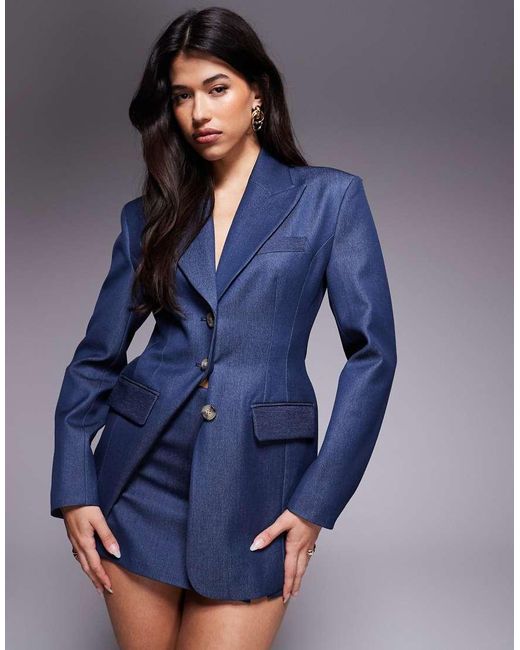 River Island Blue Cinch Waist Premium Denim Blazer Co-ord