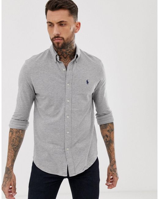 Polo Ralph Lauren Gray Slim Fit Pique Shirt Player Logo Button Down for men