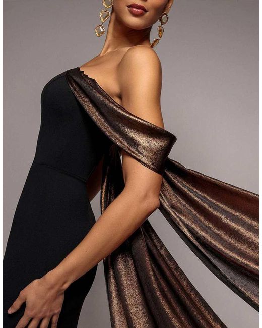 Goddiva Gray Off The Shoulder Mirror Foil Angel Wing Cape Maxi Dress