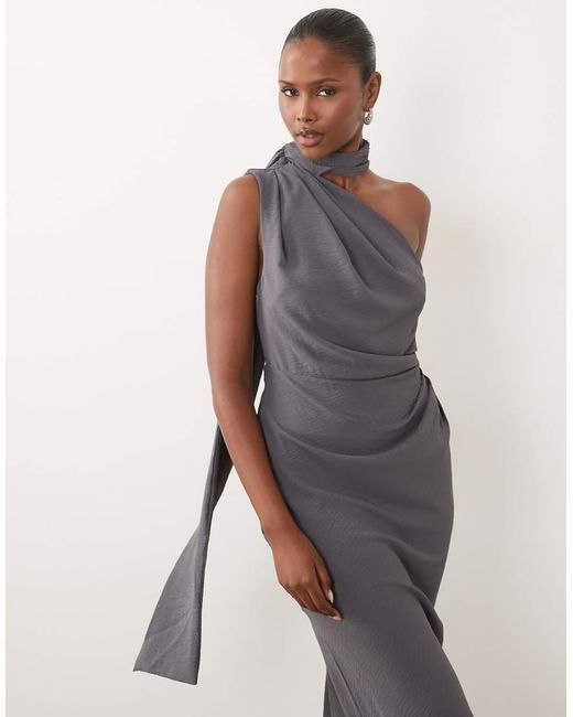 ASOS Gray One Shoulder Gathered Waist Maxi Dress With Scarf