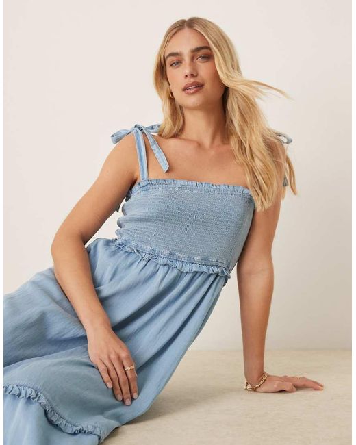 Y.A.S Blue Tie Shoulder Chambray Denim Midi Dress With Shirred Bust
