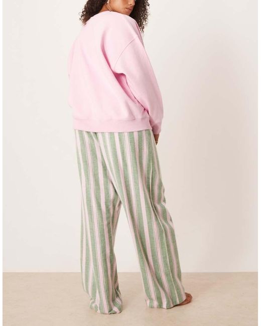 ASOS Pink Asos Design Curve Logo Jersey Sweatshirt Pyjama Set With Woven Stripe Trouser