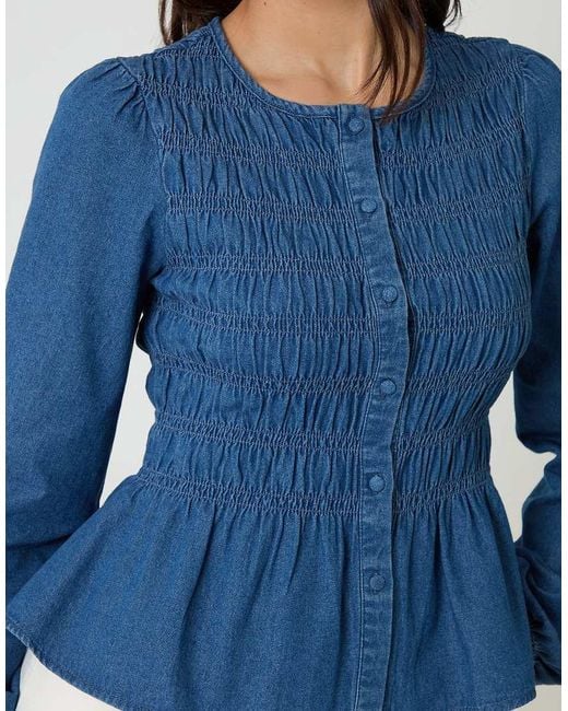 Threadbare Blue Denim Shirred Smock Blouse