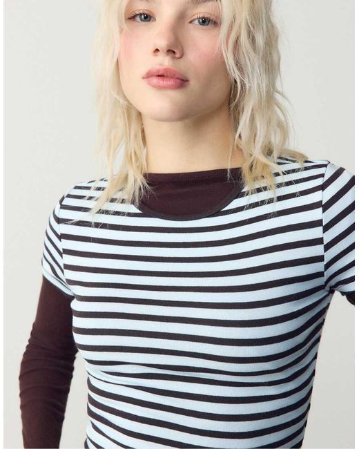Stradivarius Gray Basic Slim Fit Striped T-shirt