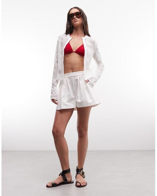 ASOS White Cotton Twill Pleated Shorts