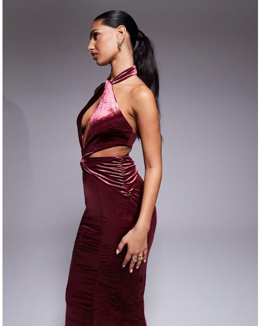 Oh Polly Red Adriana Halter Neck Velvet Maxi Dress
