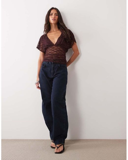Miss Selfridge Blue Lace V-Neck Top With Gathered Waist