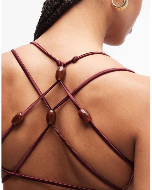ASOS Red Keira High Shine Tie Front Triangle Bikini Top With Strappy Back And Bead Detail