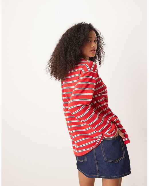Top Oversize Rosso A Righe Con Collo Serafino di ASOS in Red