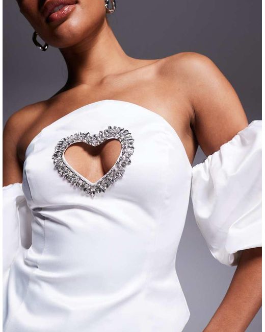 ASOS Gray Puff Sleeve Embellished Heart Cut Out Top