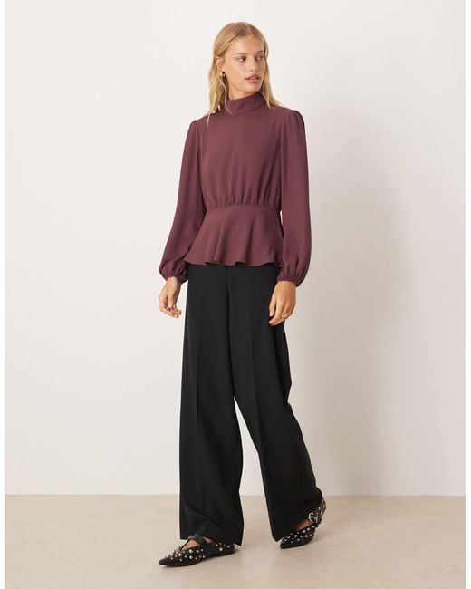 ASOS Purple High Neck Long Sleeve Peplum Blouse