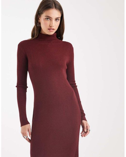 Brave Soul Red Knitted Turtle Neck Ribbed Midi Jumper Dress