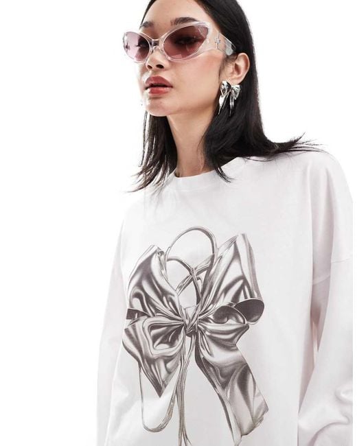 Monki White Long Sleeve Relaxed Fit Top With Bow Print