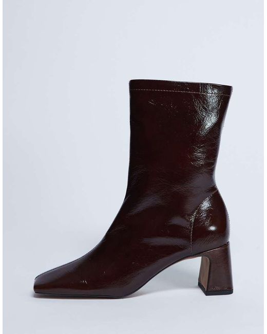 TOPSHOP Brown Sara Premium Leather Square Toe Flared Heel Boot