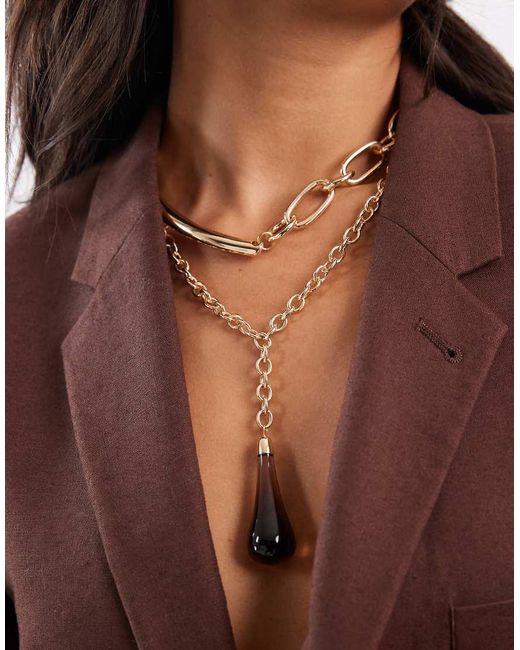 ASOS Brown Multi-pack Of Necklaces With Detailed Chain And Large Faux-stone Pendant Drop