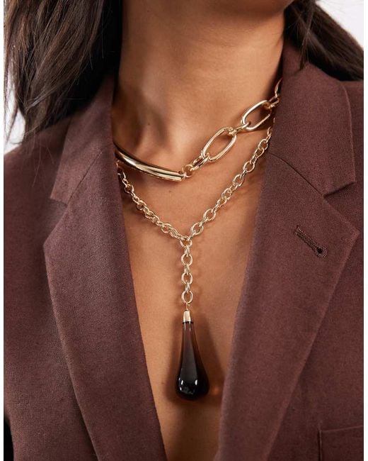 ASOS Set Kettingen Met Gedetailleerde Ketting En Grote Druppelhanger Van Imitatiesteen in het Brown