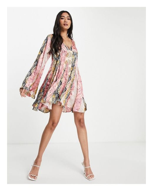 ASOS 70s Mix Print Mini Smock Dress With Godets And Flared Sleeves | Lyst