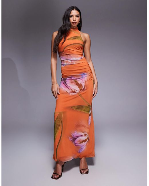 ASOS Brown Printed Mesh Cowl Neck Maxi Dress With Orange Floral Print