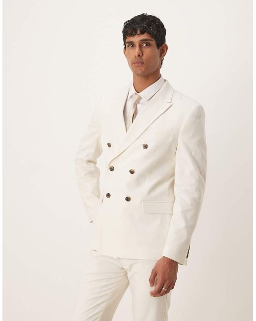 ASOS Natural Linen Blend Double Breasted Slim Suit Jacket for men