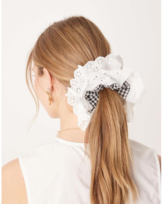 ASOS Natural Scrunchie With Gingham And Broderie Frill Detail