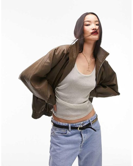 TOPSHOP Brown Faux Leather Super Wash 80S Bomber Jacket