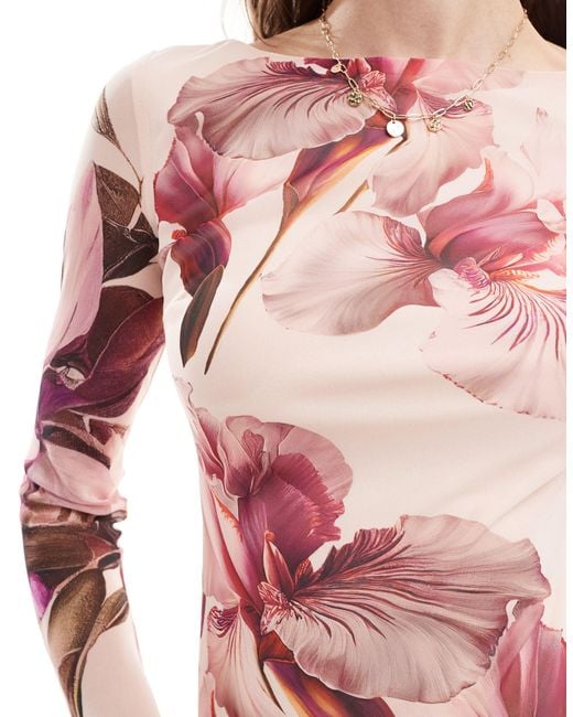 ASOS Long Sleeve Cream Maxi Dress With Pink Floral Print