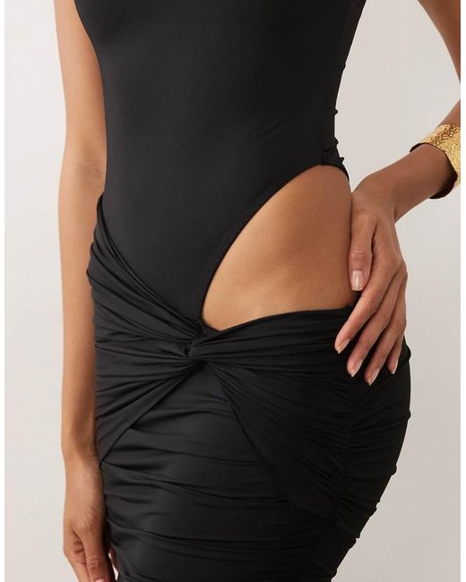 Oh Polly Black Square Neck Cut Out Detail Wrap Skirt Mini Dress