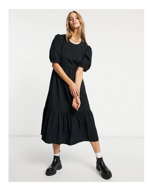 Warehouse Black Tiered Cotton Midi Dress