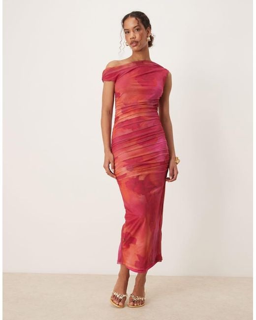 Mango Red Ruched Off The Shoulder Slash Neck Psychedlic Floral Print Dress