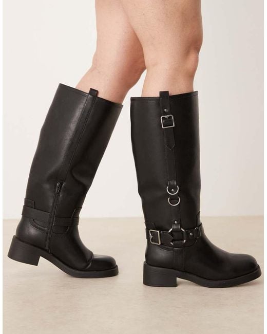 ASOS Black Curve Cobra Buckle Harness Knee Boots With Silver Hardware