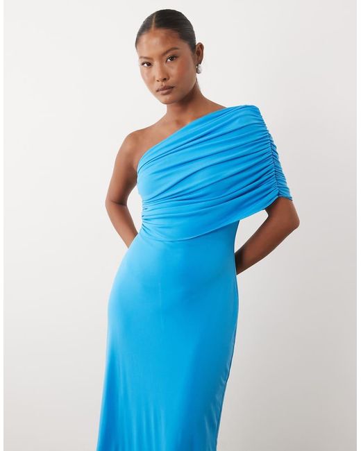 TFNC London Blue Slinky Draped One Shoulder Maxi Dress