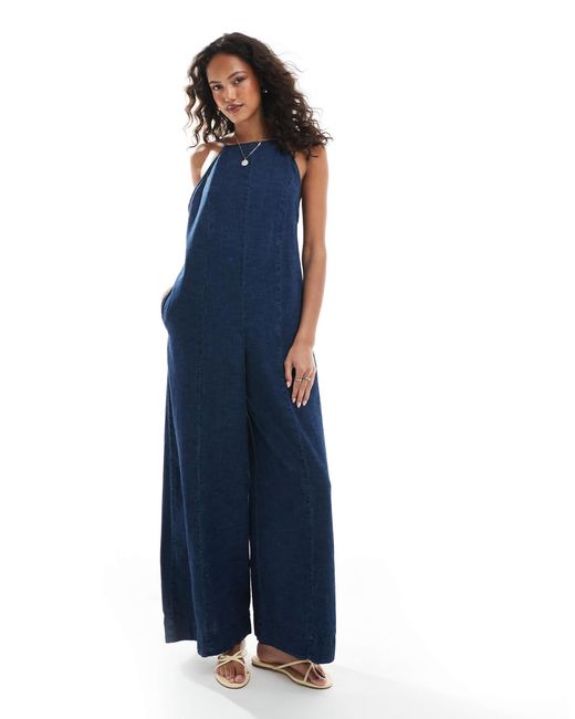 ASOS Blue Soft Denim Palazzo Halter Neck Jumpsuit