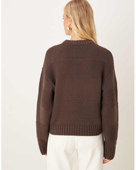 Gina Tricot Brown Crew Neck Textured Stripe Stitch Chunky Knitted Sweater