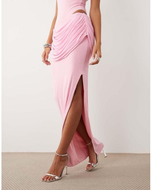 Wanderdoll Pink Gracie Sculpted Drape Detail Maxi Skirt