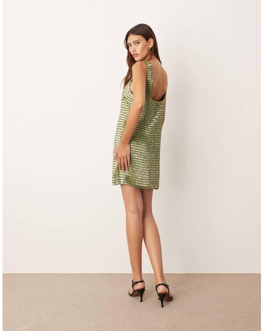 ARRANGE Green Embellished Beaded Square Neck Shift Mini Dress