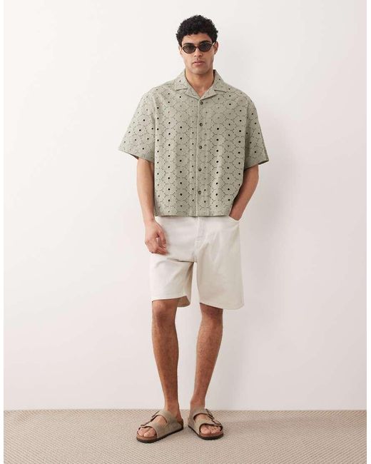 ASOS Gray Oversized Revere Broidery Shirt With Linen for men