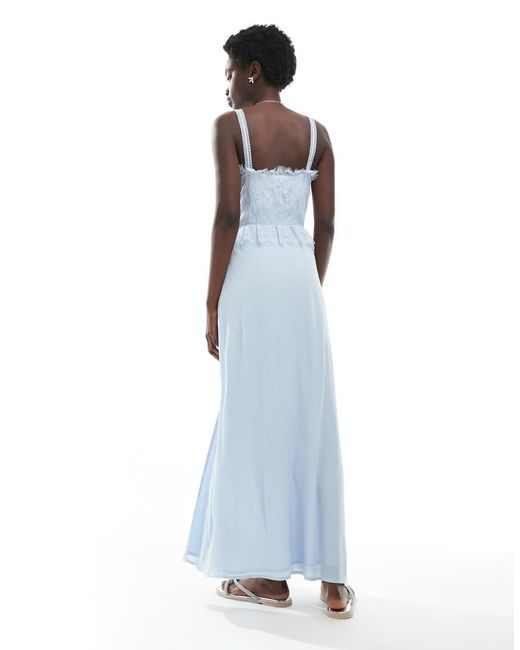 Miss Selfridge Blue Cheesecloth Maxi Corset Dress With Ribbon Trims