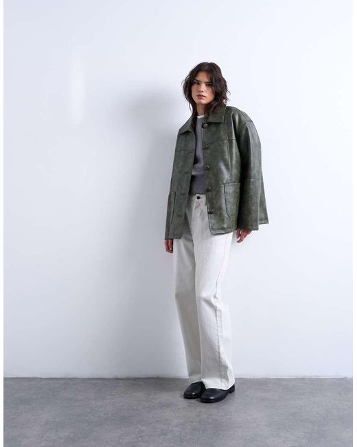 TOPSHOP Gray Faux Leather Collar Button Up Padded Shacket
