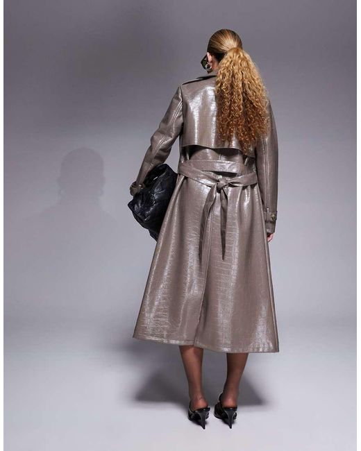 River Island Gray Faux Leather Croc Trench Coat