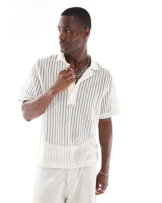 River Island White Boxy Fit Crochet Polo for men