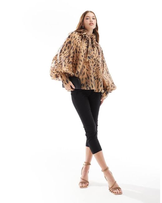 & Other Stories Brown Volume Blouse With Rose Corsage Tie Neck