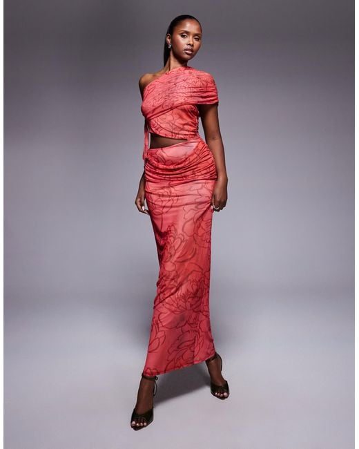 ASOS Red – one-shoulder-maxikleid aus netzstoff mit gerafftem oberteil und blumenprint