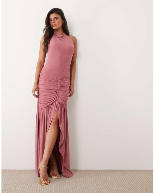 ASOS Pink High Neck Cowl Mesh Maxi Dress With Frill Split Detail