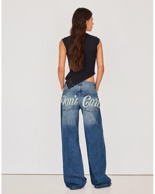 Bershka Blue Embroidered Baggy Jeans